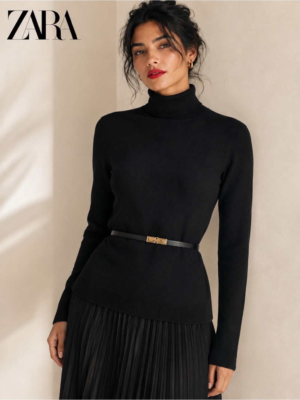 🌸ZARA Minimalist 💯Wool Black Turtleneck Sweater with belt sizeM quiet luxury